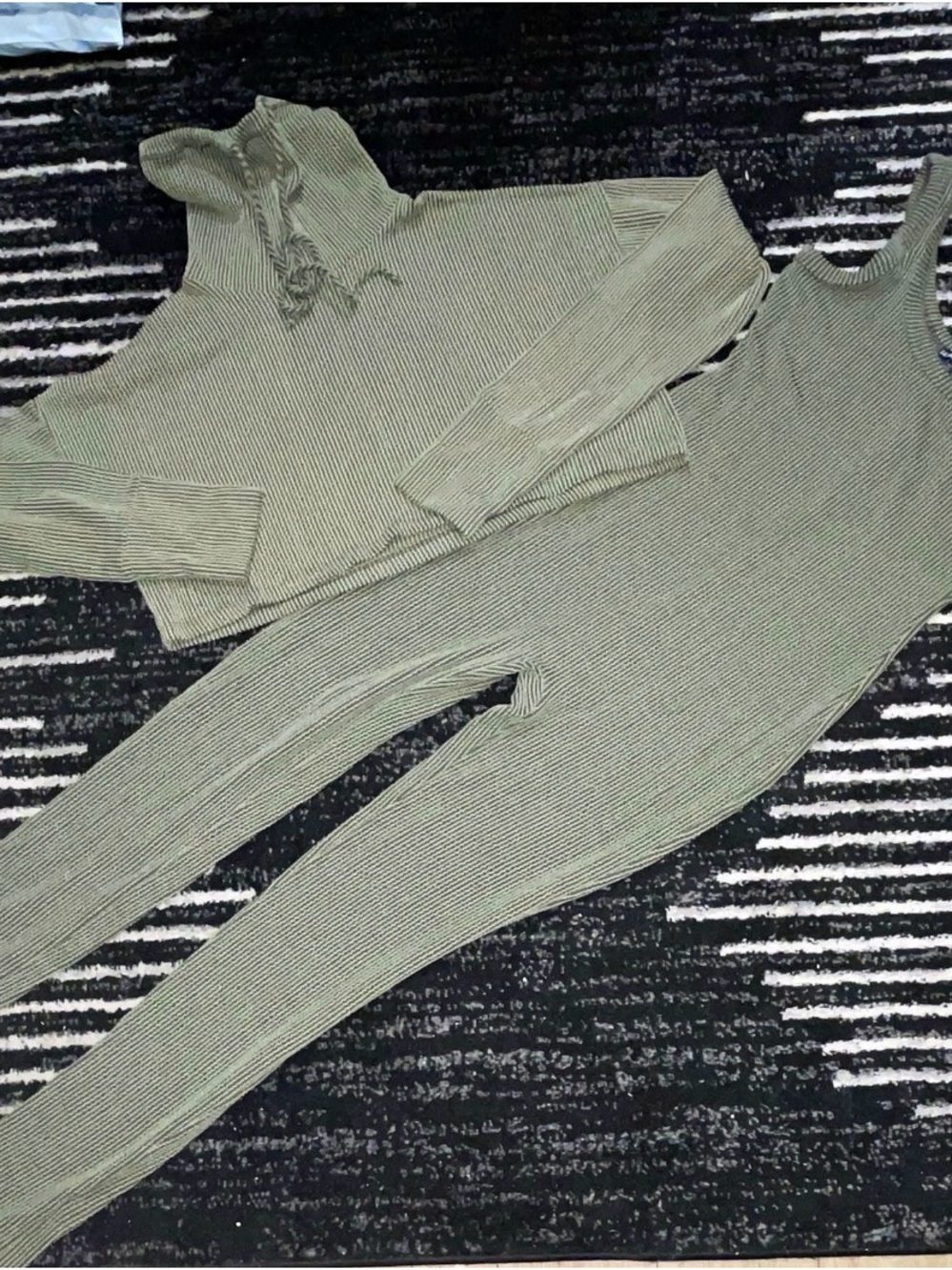 Ribbed Olive Green Jumpsuit & Hoodie Set